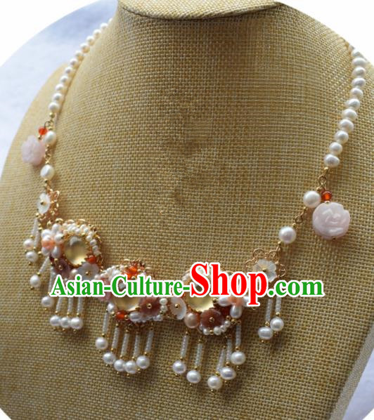 Handmade Chinese Hanfu Opal Pearls Tassel Necklace Traditional Ancient Princess Necklet Accessories for Women