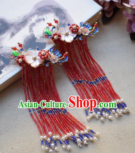 Chinese Ancient Princess Cloisonne Red Tassel Hairpins Traditional Handmade Hanfu Hair Accessories for Women