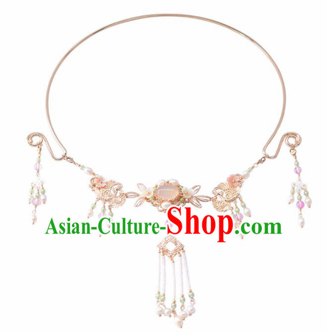 Handmade Chinese Hanfu Rose Chalcedony Tassel Necklace Traditional Ancient Princess Necklet Accessories for Women