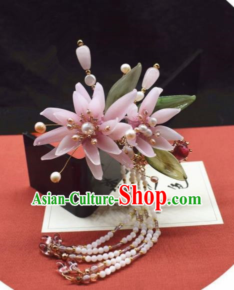 Chinese Ancient Palace Pink Flowers Tassel Hair Clip Princess Hairpins Traditional Handmade Hanfu Hair Accessories for Women