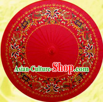 Chinese Ancient Red Oiled Paper Umbrella Traditional Handmade Printing Lotus Umbrellas