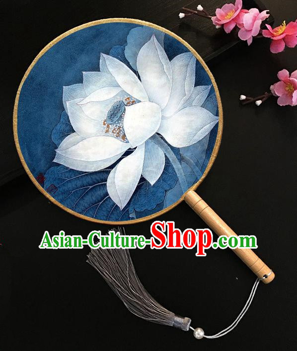 Chinese Handmade Classical Palace Fans Printing Lotus Blue Silk Round Fan for Women