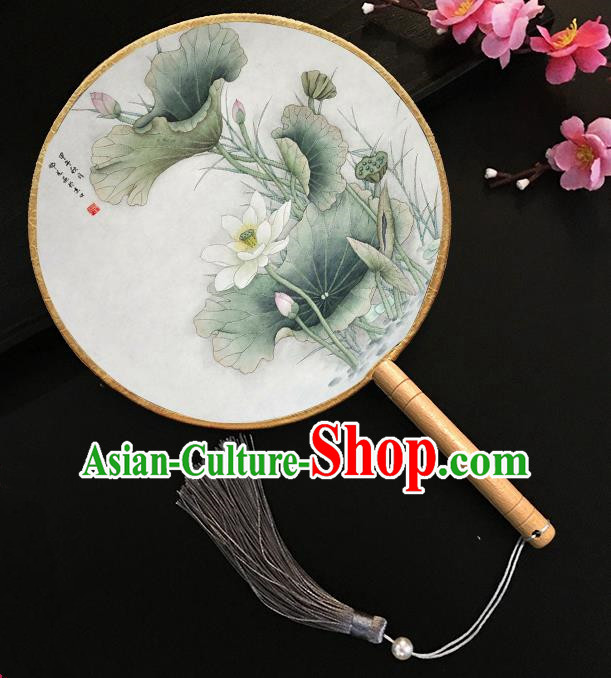 Chinese Handmade Classical Palace Fans Printing Lotus Silk Round Fan for Women