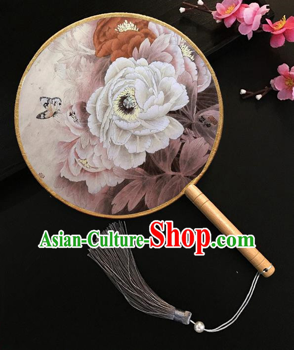 Chinese Handmade Classical Palace Fans Printing Peony Butterfly Silk Round Fan for Women