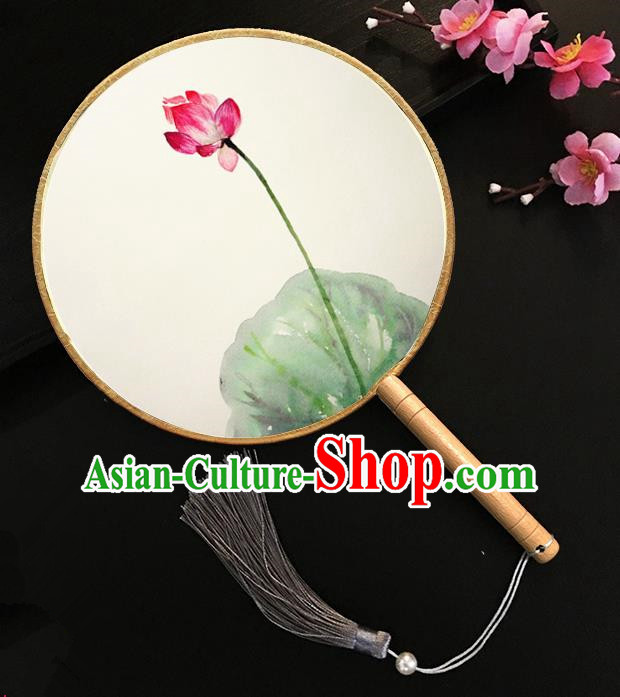 Chinese Handmade Classical Palace Fans Ink Painting Red Lotus Silk Round Fan for Women