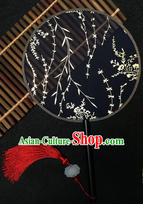 Chinese Handmade Classical Palace Fans Traditional Gilding Willow Black Silk Round Fan for Women