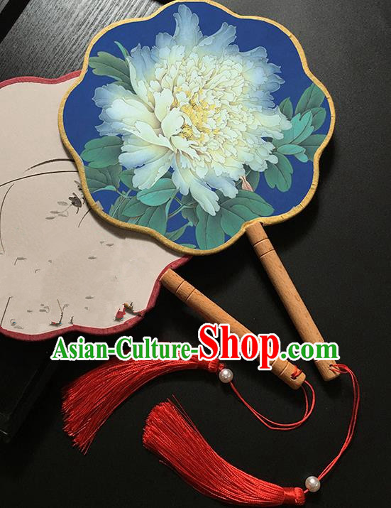 Chinese Handmade Classical Palace Fans Traditional Printing Peony Blue Hanfu Fan for Women