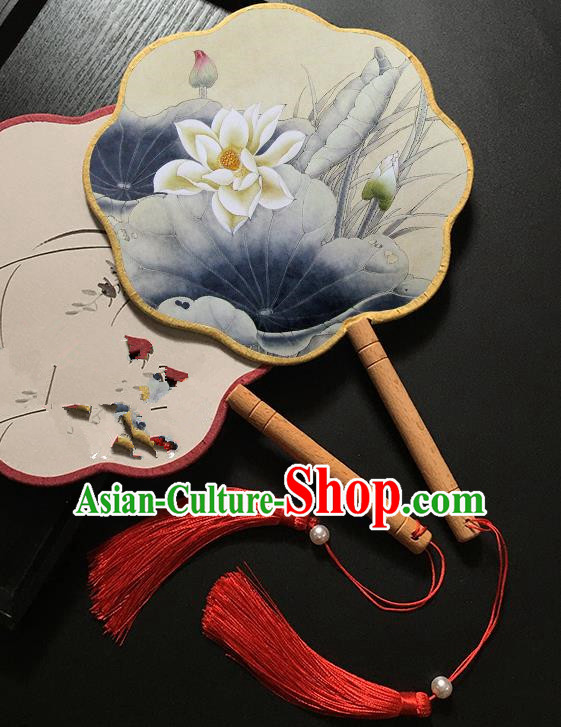 Chinese Handmade Classical Palace Fans Traditional Printing Lotus Hanfu Fan for Women