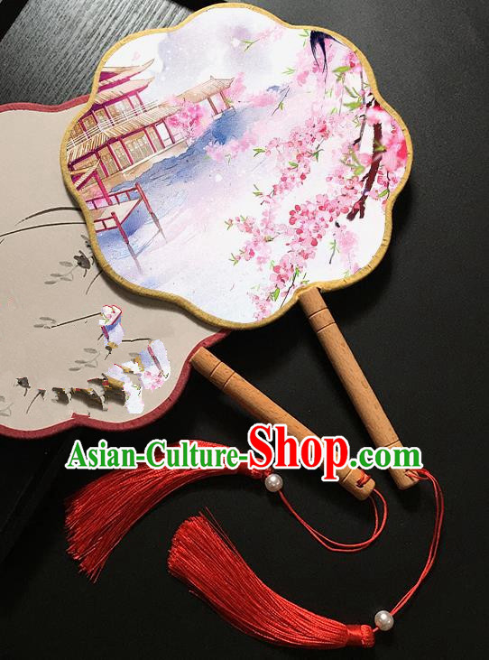 Chinese Handmade Classical Palace Fans Traditional Printing Peach Blossom Hanfu Fan for Women