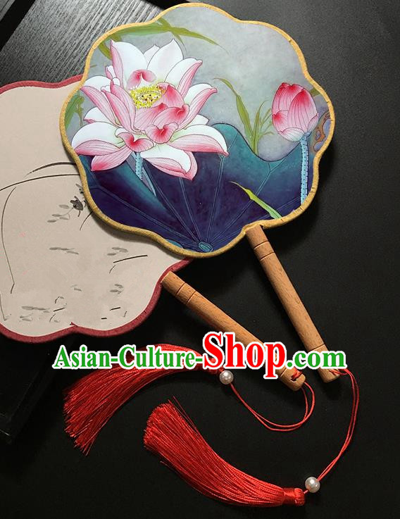Chinese Handmade Classical Palace Fans Traditional Printing Pink Lotus Hanfu Fan for Women