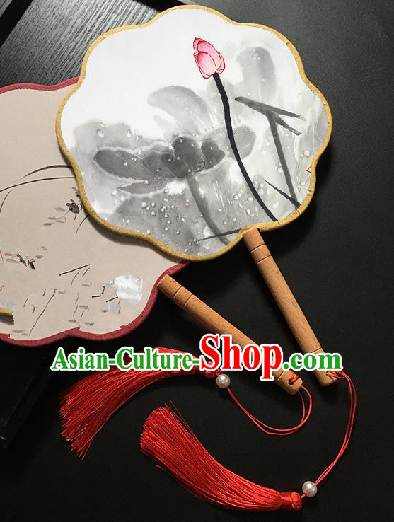 Chinese Handmade Classical Palace Fans Traditional Ink Painting Lotus Bud Hanfu Fan for Women