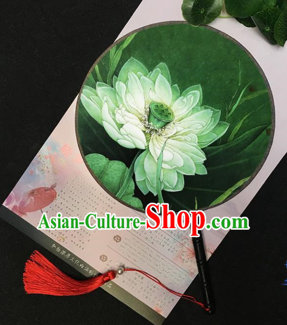 Chinese Handmade Classical Palace Fans Traditional Printing Lotus Green Round Fan for Women