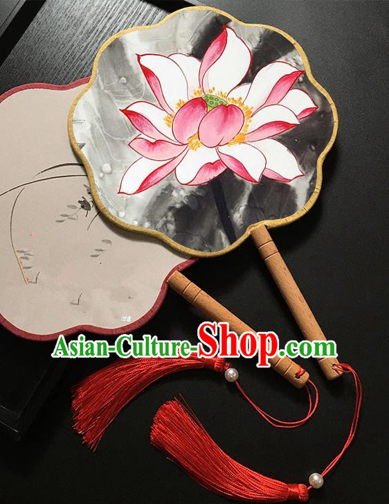 Chinese Handmade Classical Palace Fans Traditional Ink Painting Pink Lotus Hanfu Fan for Women