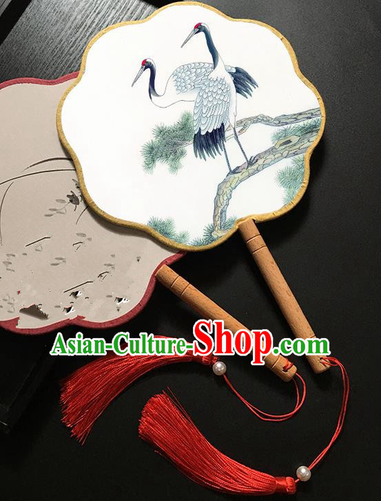 Chinese Handmade Classical Palace Fans Traditional Printing Cranes Hanfu Fan for Women