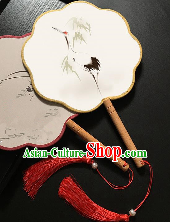 Chinese Handmade Classical Palace Fans Traditional Printing Crane Bamboo Hanfu Fan for Women