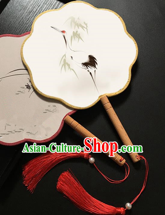 Chinese Handmade Classical Palace Fans Traditional Printing Crane Bamboo Hanfu Fan for Women