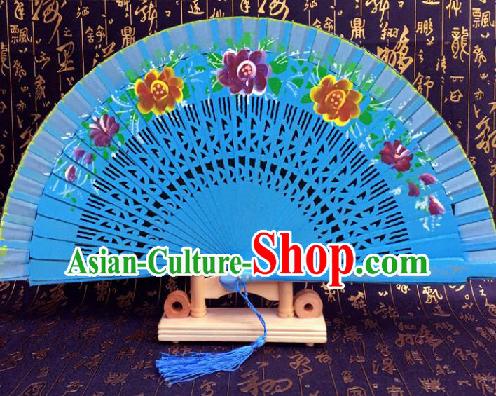 Chinese Handmade Classical Folding Fans Blue Wood Hollow Out Accordion Fan for Women