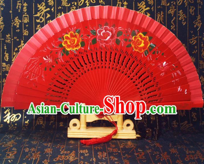 Chinese Handmade Classical Folding Fans Red Wood Hollow Out Accordion Fan for Women
