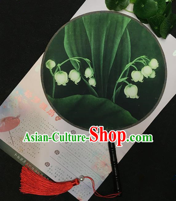 Chinese Handmade Classical Palace Fans Traditional Printing Convallaria Majalis Green Round Fan for Women