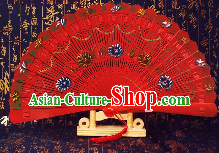 Chinese Handmade Classical Folding Fans Printing Wood Red Accordion Fan for Women