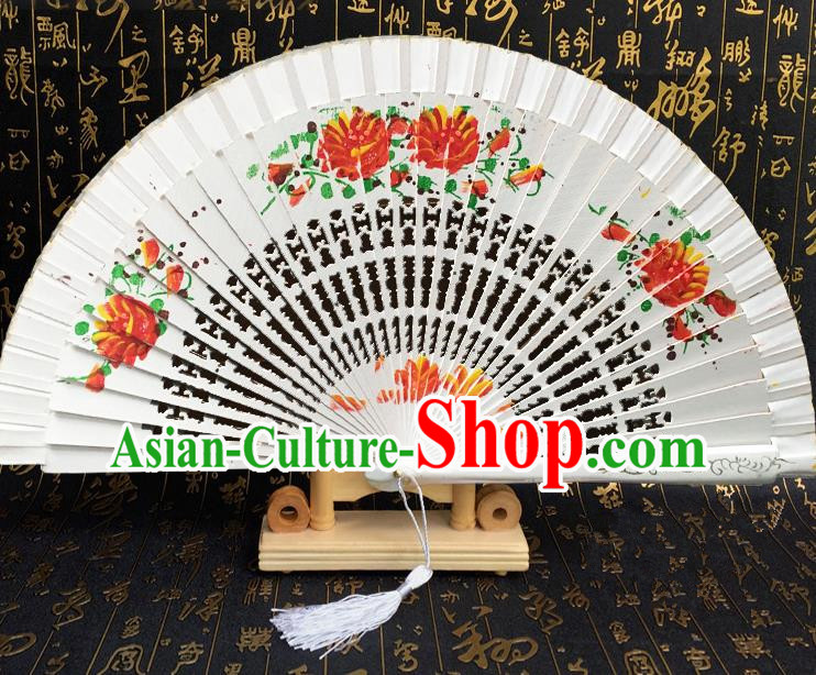 Chinese Handmade Classical Folding Fans Printing Flowers White Wood Accordion Fan for Women