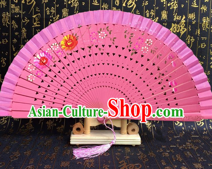 Chinese Handmade Classical Folding Fans Printing Wood Pink Accordion Fan for Women