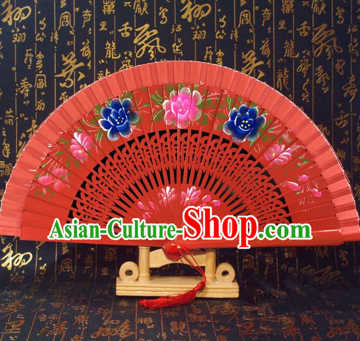 Chinese Handmade Classical Folding Fans Printing Flowers Wood Red Accordion Fan for Women