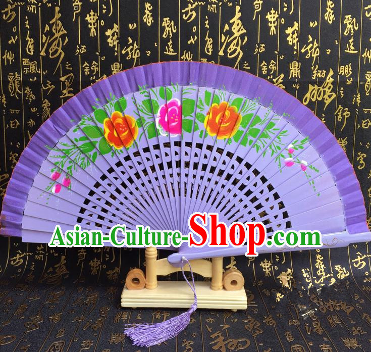 Chinese Handmade Classical Folding Fans Printing Flowers Wood Purple Accordion Fan for Women