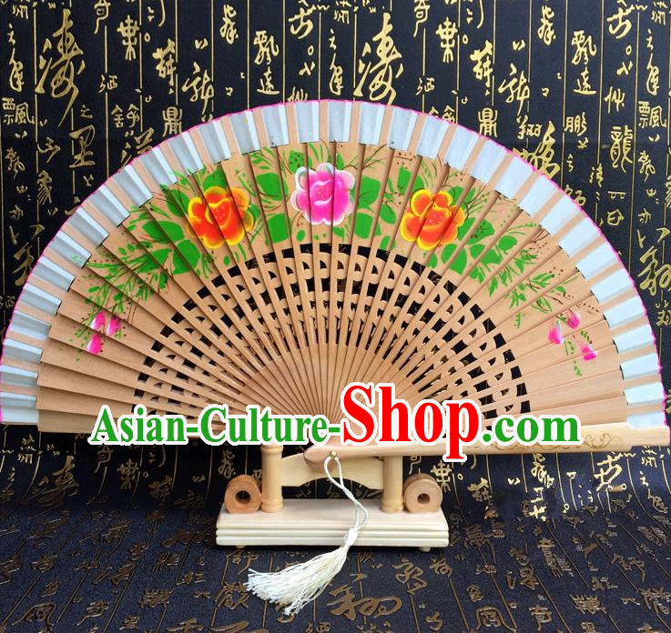 Chinese Handmade Classical Folding Fans Printing Flowers Wood Accordion Fan for Women