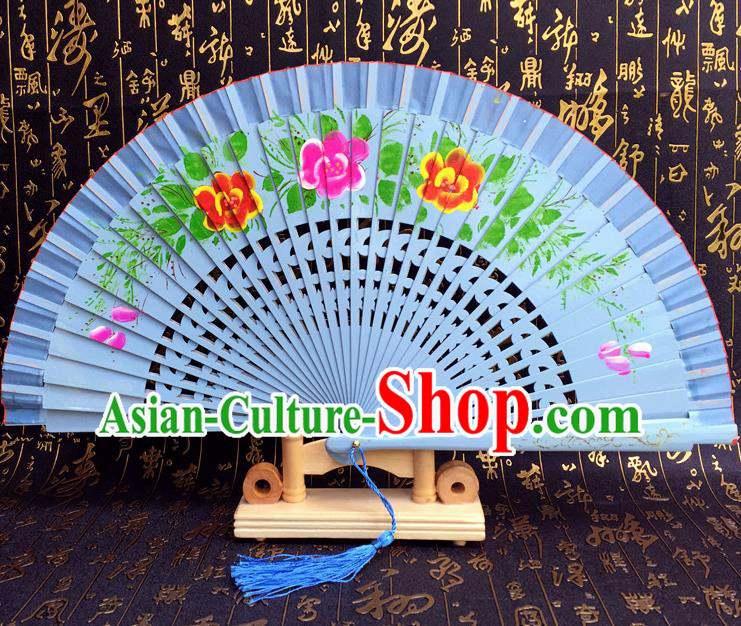 Chinese Handmade Classical Folding Fans Printing Flowers Wood Blue Accordion Fan for Women