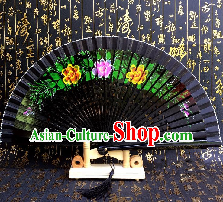 Chinese Handmade Classical Folding Fans Printing Flowers Wood Black Accordion Fan for Women