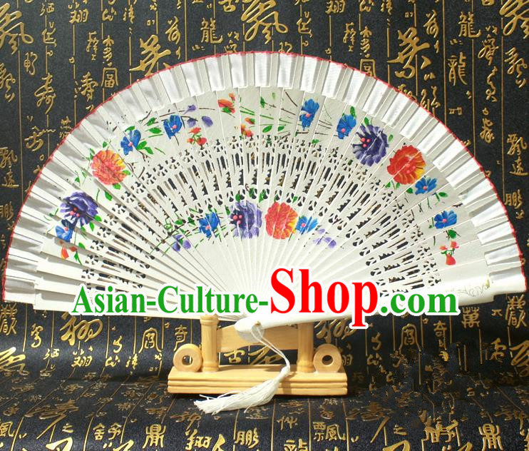 Chinese Handmade Classical Folding Fans Printing Flowers Wood White Silk Accordion Fan for Women