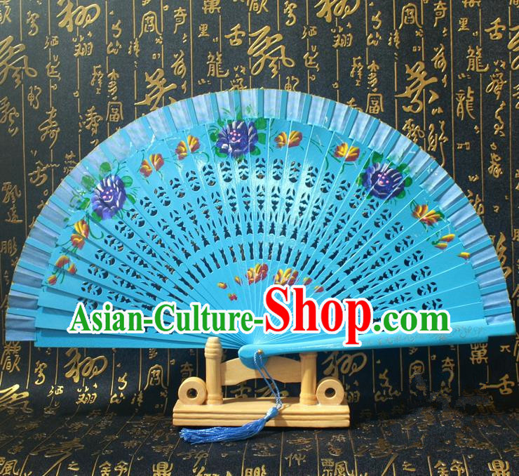 Chinese Handmade Classical Folding Fans Printing Flowers Wood Blue Silk Accordion Fan for Women