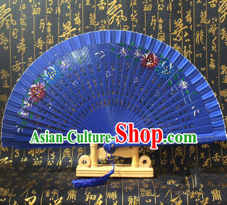 Chinese Handmade Classical Folding Fans Printing Flowers Wood Royalblue Silk Accordion Fan for Women