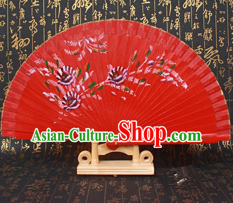 Chinese Handmade Classical Folding Fans Printing Flowers Wood Red Silk Accordion Fan for Women