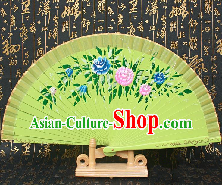 Chinese Handmade Classical Folding Fans Printing Flowers Wood Green Silk Accordion Fan for Women