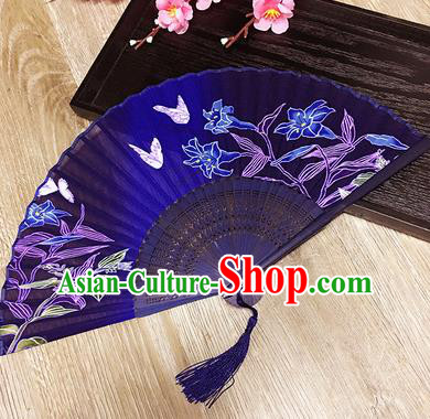 Chinese Handmade Classical Folding Fans Printing Butterfly Purple Silk Accordion Fan for Women