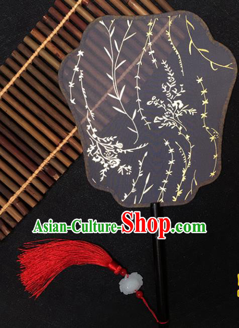 Chinese Handmade Classical Palace Fans Traditional Gilding Black Silk Fan for Women