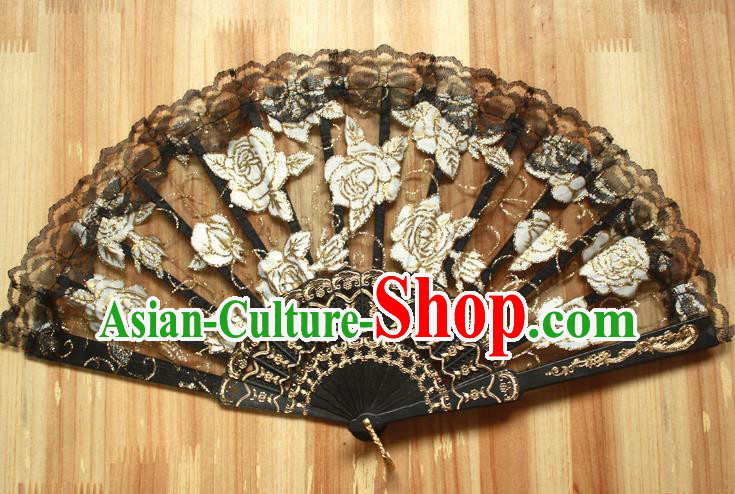 Chinese Handmade Folk Dance Black Lace Rose Folding Fans Classical Accordion Fan for Women