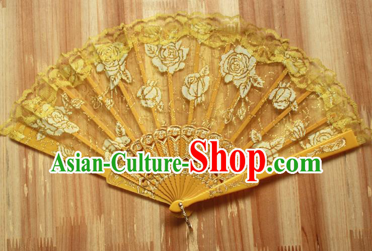 Chinese Handmade Folk Dance Yellow Lace Rose Folding Fans Classical Accordion Fan for Women