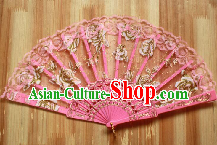 Chinese Handmade Folk Dance Pink Lace Rose Folding Fans Classical Accordion Fan for Women