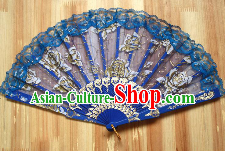 Chinese Handmade Folk Dance Royalblue Lace Rose Folding Fans Classical Accordion Fan for Women