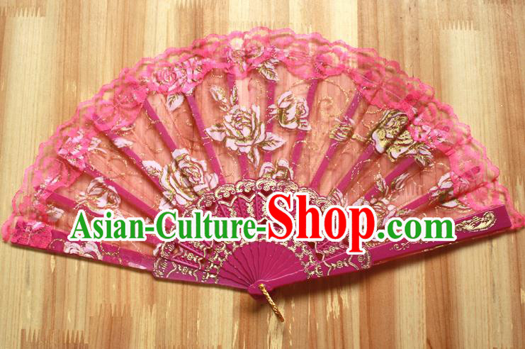 Chinese Handmade Folk Dance Rosy Lace Rose Folding Fans Classical Accordion Fan for Women