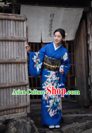 Japanese Handmade Kimono Japan Traditional Yukata Deep Blue Dress for Women