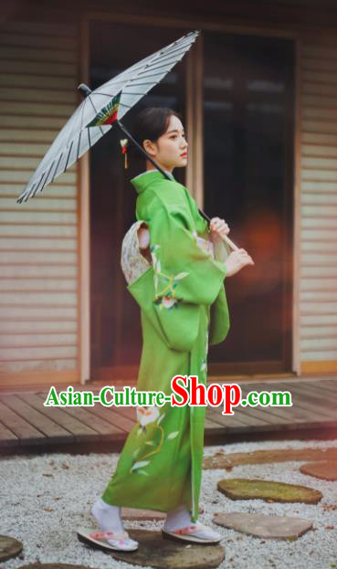 Japanese Handmade Green Kimono Costume Japan Traditional Yukata Dress for Women