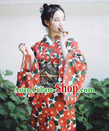 Japanese Handmade Printing Red Kimono Costume Japan Traditional Yukata Dress for Women