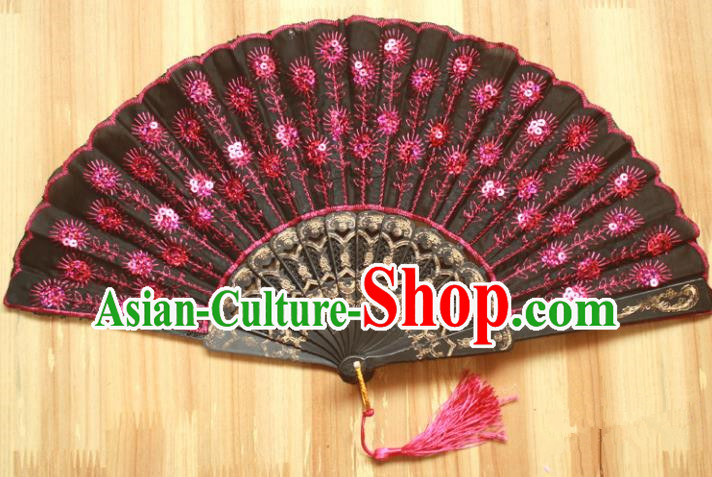 Chinese Handmade Classical Folding Fans Folk Dance Rosy Paillette Silk Accordion Fan for Women