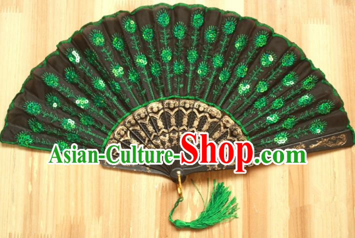 Chinese Handmade Classical Folding Fans Folk Dance Green Paillette Silk Accordion Fan for Women