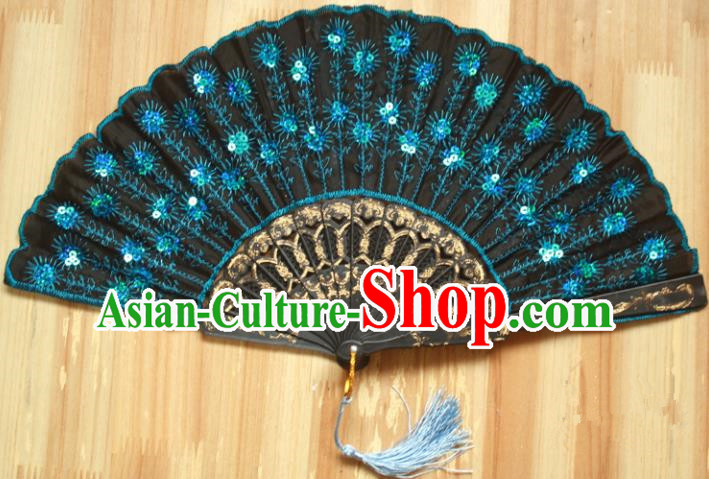 Chinese Handmade Classical Folding Fans Folk Dance Blue Paillette Silk Accordion Fan for Women