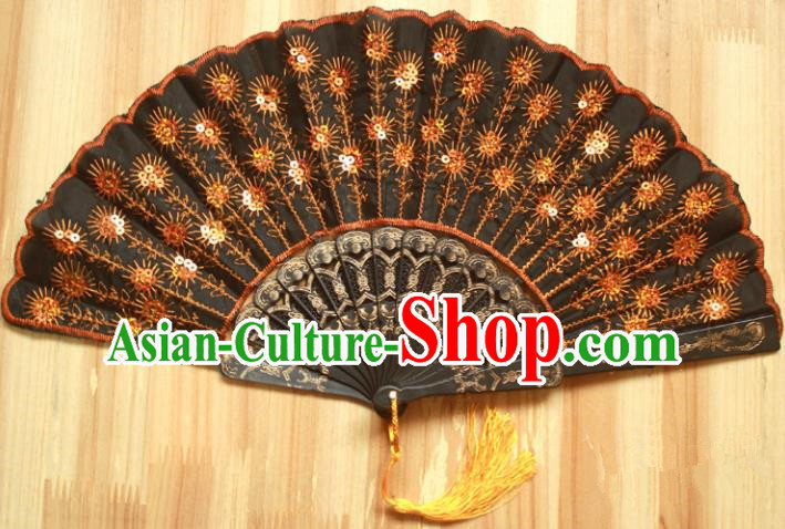Chinese Handmade Classical Folding Fans Folk Dance Orange Paillette Silk Accordion Fan for Women